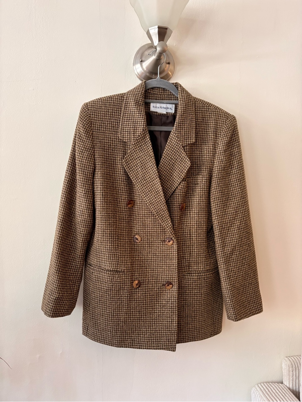 Vintage Norton McNaughton Brown Houndstooth Double-Breasted Blazer